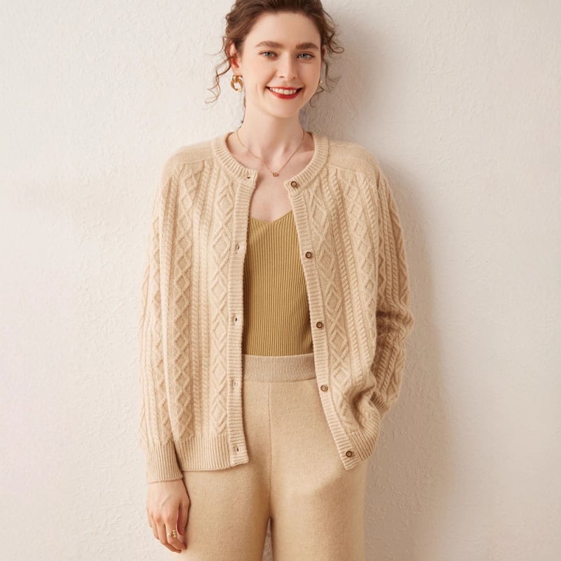 Ženski kašmir kardigan s okruglim izrezom, dvostruko kabelsko pletenje, udoban kroj