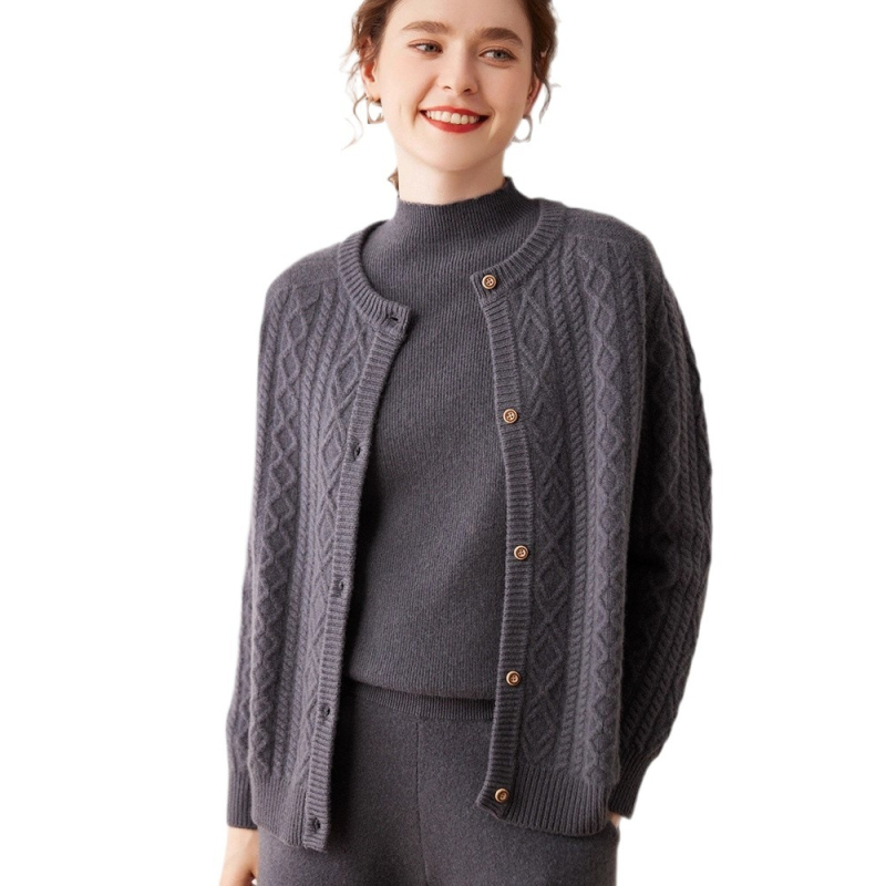 Ženski kašmir kardigan s okruglim izrezom, dvostruko kabelsko pletenje, udoban kroj