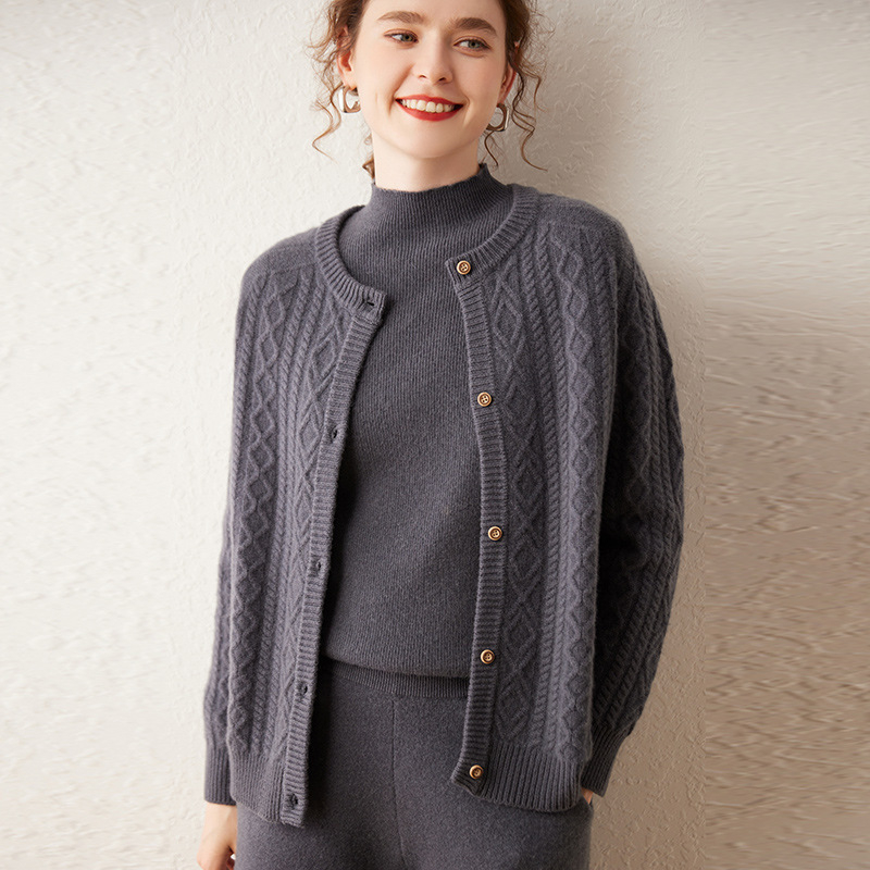 Ženski kašmir kardigan s okruglim izrezom, dvostruko kabelsko pletenje, udoban kroj