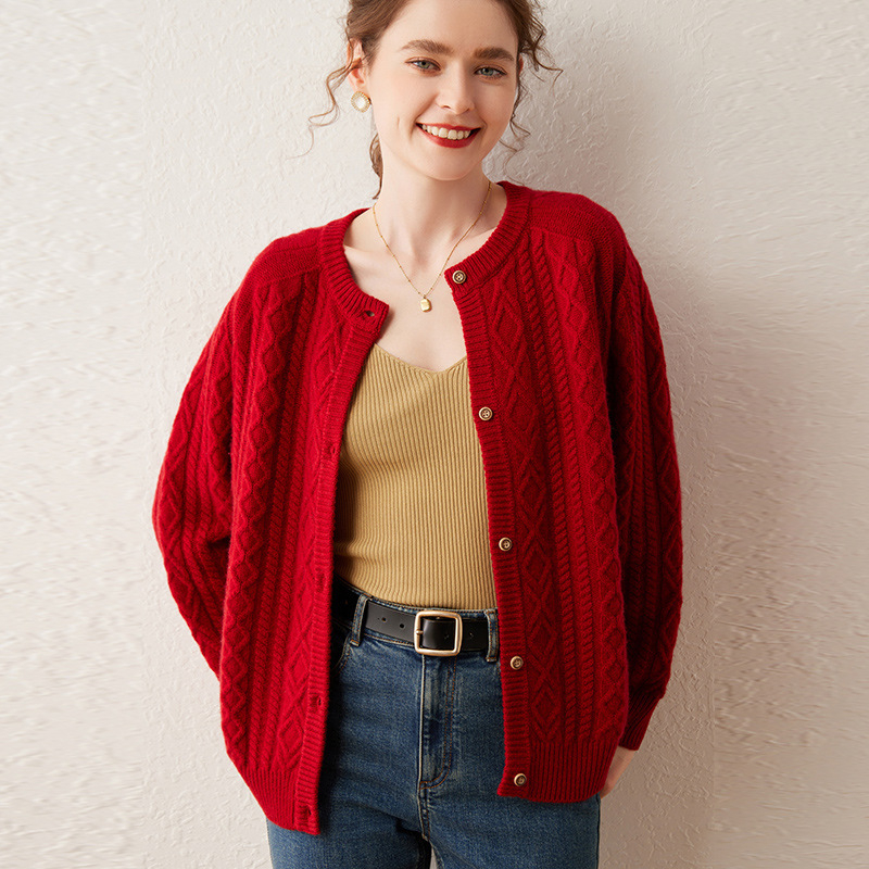 Ženski kašmir kardigan s okruglim izrezom, dvostruko kabelsko pletenje, udoban kroj
