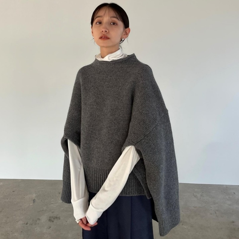 Πουλόβερ σε Cape στυλ, ελεύθερη γραμμή, ημιυψηλός γιακά, Raglan μακριά μανίκια, μαλλί 95%+