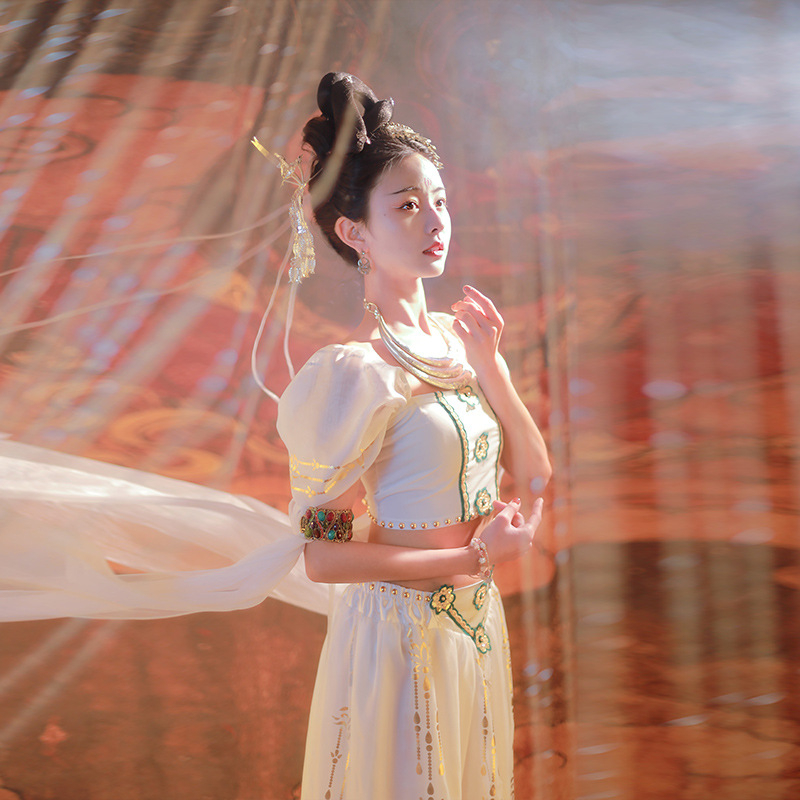 Moderni plesni kostim s cvjetnim uzorkom, poliester-mješavina, nadahnut Dunhuang Flying Apsaras, za odrasle žene