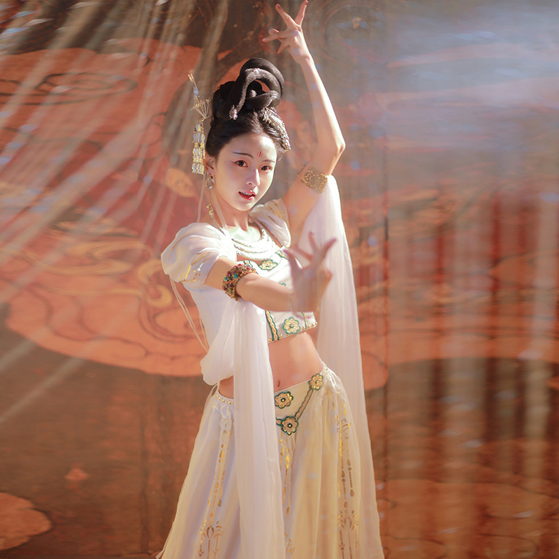 Moderni plesni kostim s cvjetnim uzorkom, poliester-mješavina, nadahnut Dunhuang Flying Apsaras, za odrasle žene
