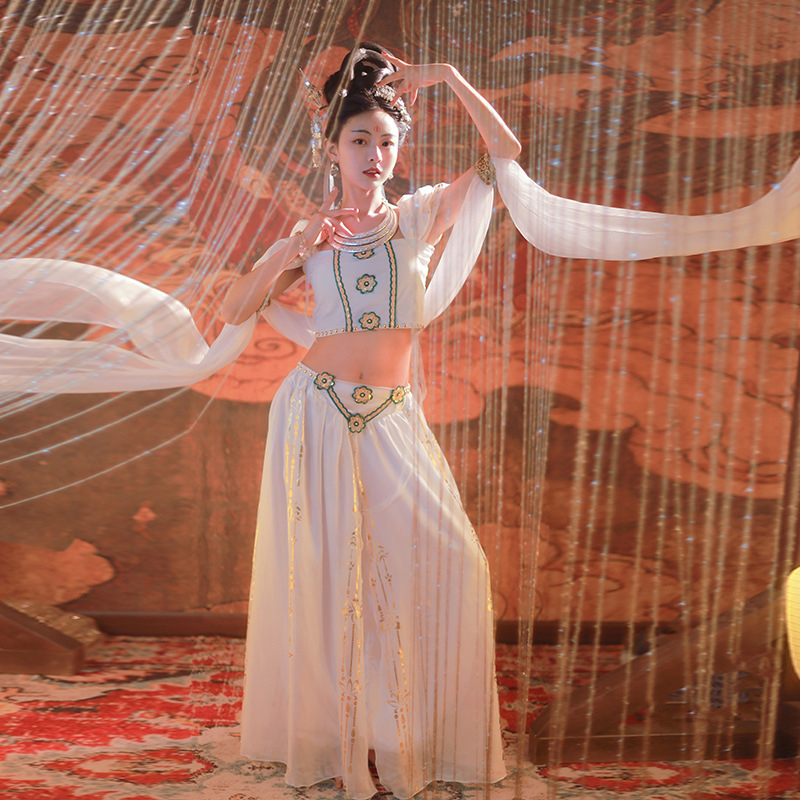 Moderni plesni kostim s cvjetnim uzorkom, poliester-mješavina, nadahnut Dunhuang Flying Apsaras, za odrasle žene