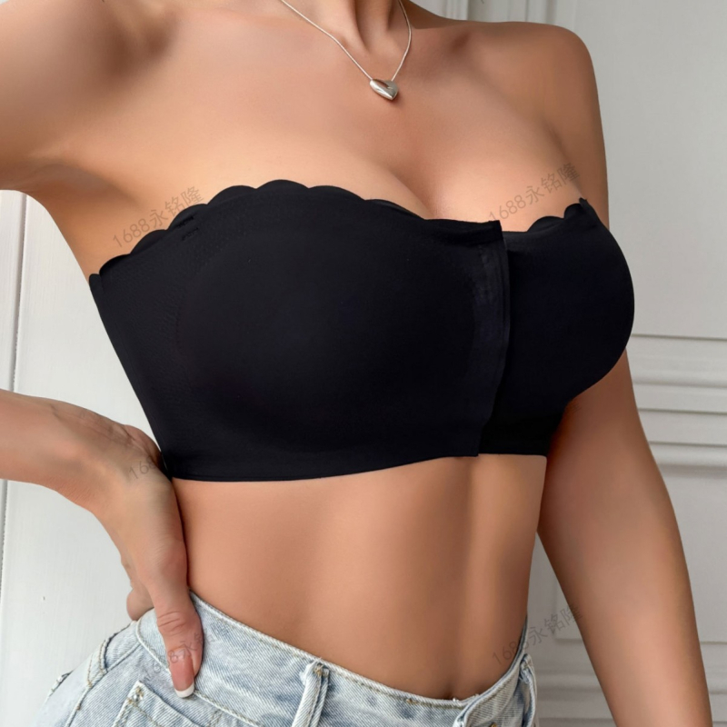 Bez naramenica grudnjak s prednjim kopčanjem; bez šavova; cijevasti oblik; glavni materijal najlon; podstava spandeks