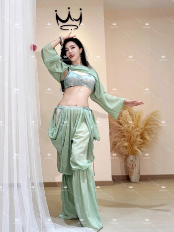 Kostim za trbušni ples za vježbanje – Četverodijelni set, šifon materijal, poliester 30–50%, elegantan stil, svjež i sladak