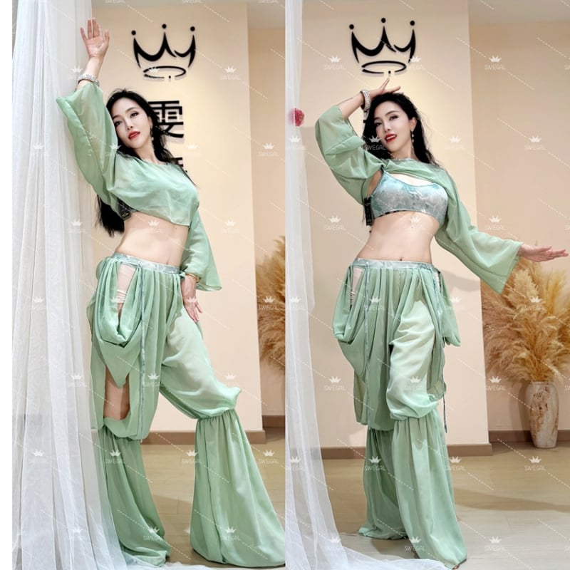 Kostim za trbušni ples za vježbanje – Četverodijelni set, šifon materijal, poliester 30–50%, elegantan stil, svjež i sladak