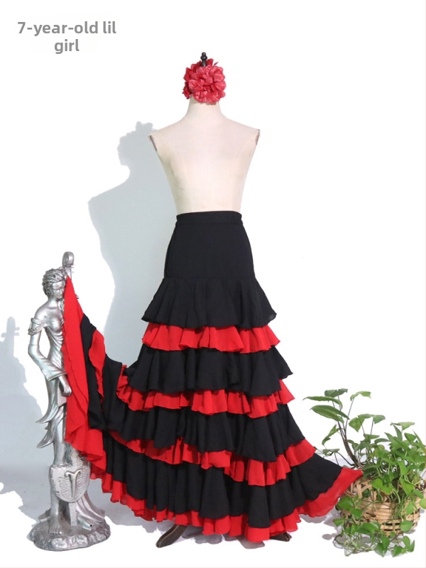 Flamenko deju svārki praktiskai lietošanai, daudzslāņaina režģa audums, >95% poliestera, Ziemas 2025, Ķīnas stils, literārais retro