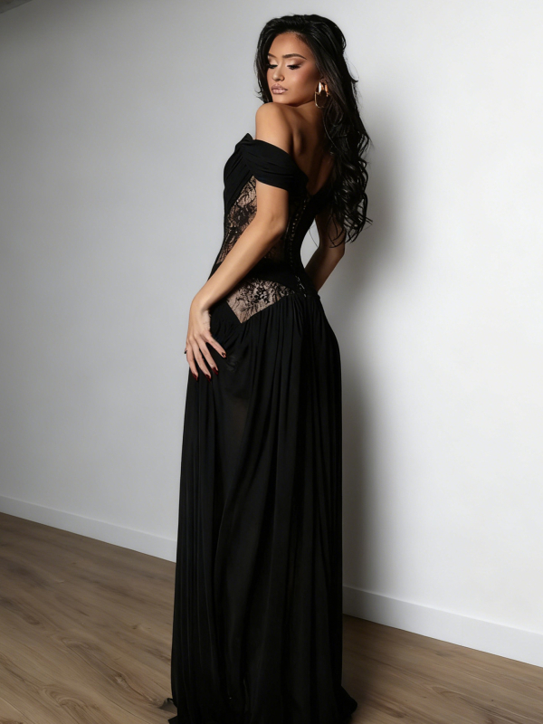 Дълга плетена рокля с открити рамене, А‑линия, с висок разрез