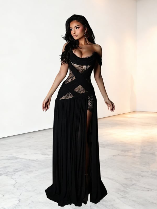 Дълга плетена рокля с открити рамене, А‑линия, с висок разрез