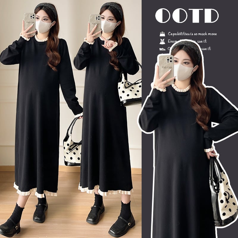 Φόρεμα εγκυμοσύνης με άνοιγμα θηλάσμου, γιακάς λωτού, σιλουέτα γοργόνας, μεσαίο μήκος, μακριά μανίκια, ύφασμα βαμβάκι-πολυεστέρας με 70–80% βαμβάκι και σπαντεξ