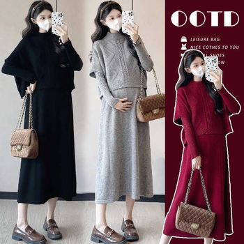 Σετ εγκυμοσύνης από πλεκτό φόρεμα δύο τεμαχίων: 3/4 μανίκια, γιακάς σε σχήμα φύλλου λωτού, ακρυλικό ύφασμα (95%+), midi ακανόνιστη φούστα