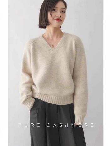Ženski kašmiro-vuneni džemper s V-izrezom, debeli pleteni materijal, ležerni kroj, dugi rukavi