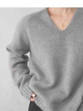 Ženski kašmiro-vuneni džemper s V-izrezom, debeli pleteni materijal, ležerni kroj, dugi rukavi