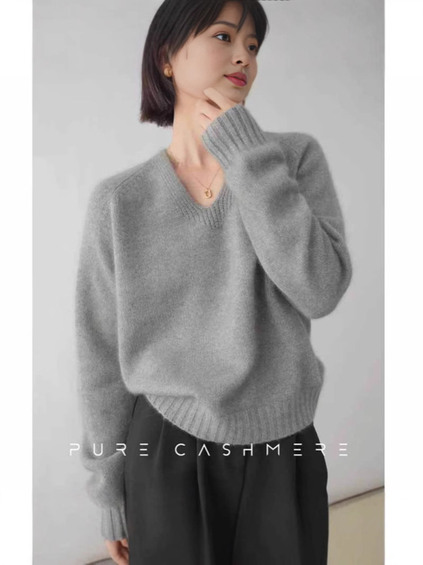 Ženski kašmiro-vuneni džemper s V-izrezom, debeli pleteni materijal, ležerni kroj, dugi rukavi
