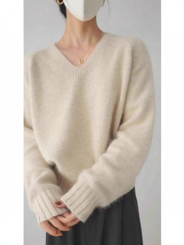 Ženski kašmiro-vuneni džemper s V-izrezom, debeli pleteni materijal, ležerni kroj, dugi rukavi
