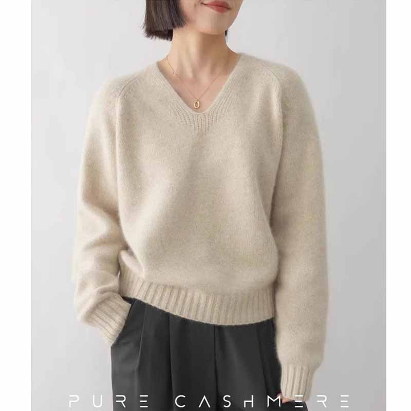 Ženski kašmiro-vuneni džemper s V-izrezom, debeli pleteni materijal, ležerni kroj, dugi rukavi