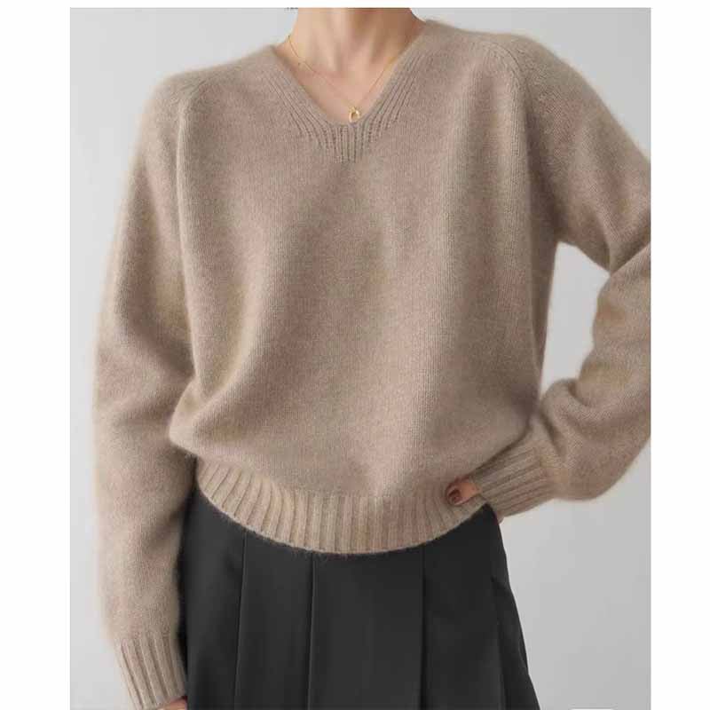 Ženski kašmiro-vuneni džemper s V-izrezom, debeli pleteni materijal, ležerni kroj, dugi rukavi