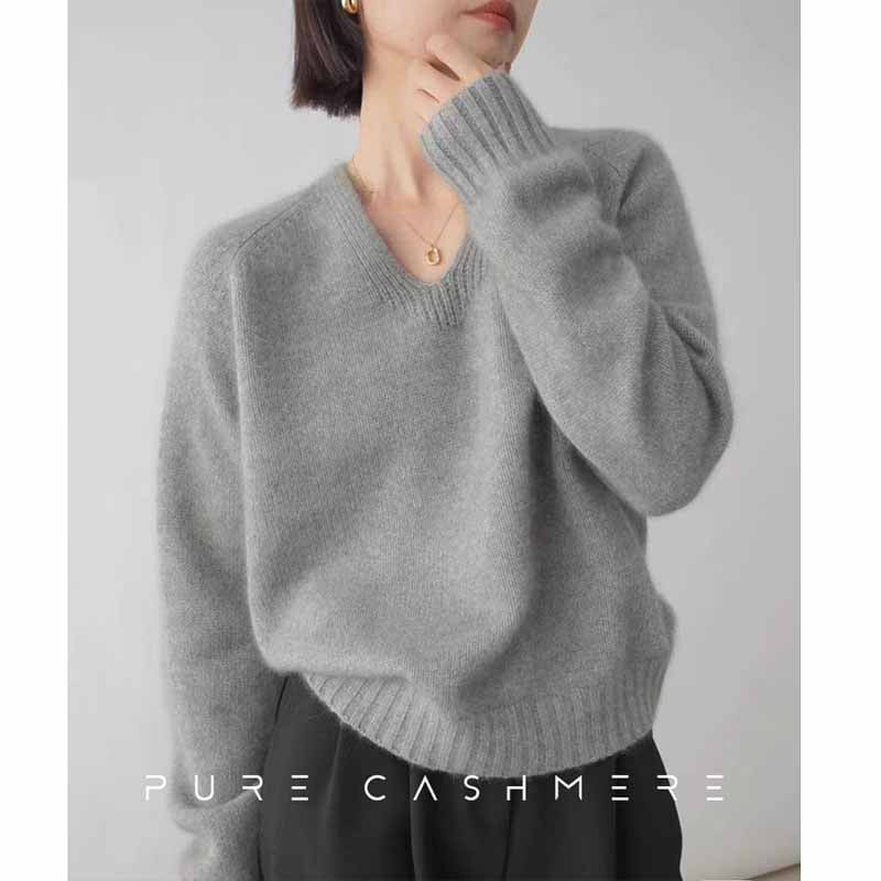 Ženski kašmiro-vuneni džemper s V-izrezom, debeli pleteni materijal, ležerni kroj, dugi rukavi