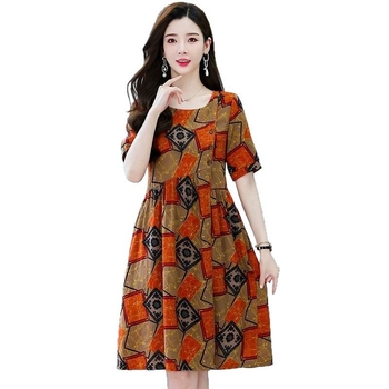 Printana ljetna haljina za žene — midi duljine, visoki struk, okrugli izrez, kratki rukavi, retro stil
