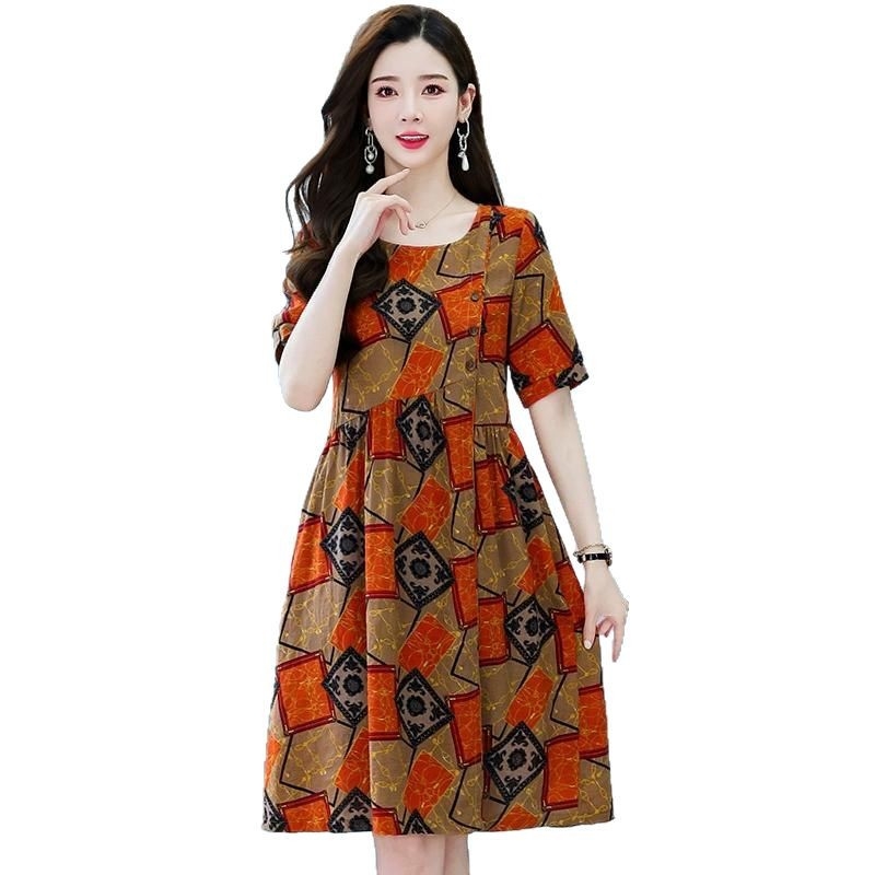 Printana ljetna haljina za žene — midi duljine, visoki struk, okrugli izrez, kratki rukavi, retro stil