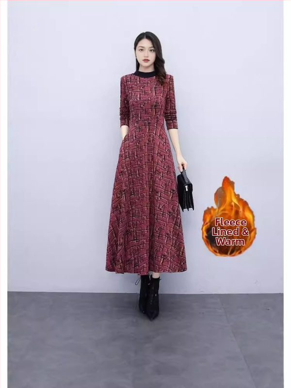 Zimné dlhé šaty s fleecovou podšívkou, A-línia strih, vysoký golier, dlhé rukávy, potlač rastlín a kvetov