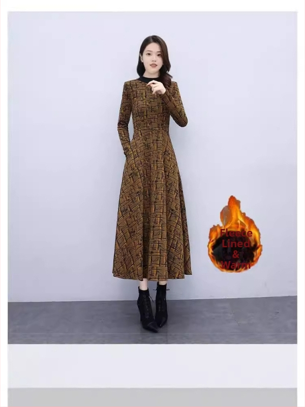 Zimné dlhé šaty s fleecovou podšívkou, A-línia strih, vysoký golier, dlhé rukávy, potlač rastlín a kvetov