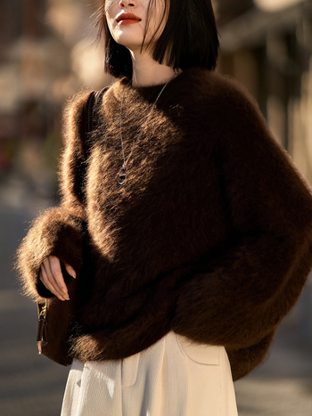 Ženski kašmir džemper s četkanom teksturom, debeli pleteni materijal, okrugli izrez, dugi rukavi, slobodan kroj