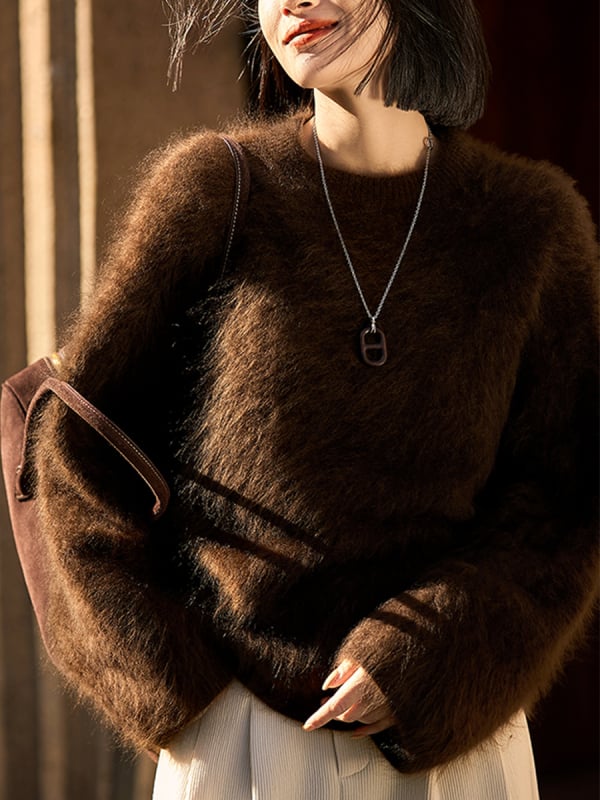 Ženski kašmir džemper s četkanom teksturom, debeli pleteni materijal, okrugli izrez, dugi rukavi, slobodan kroj