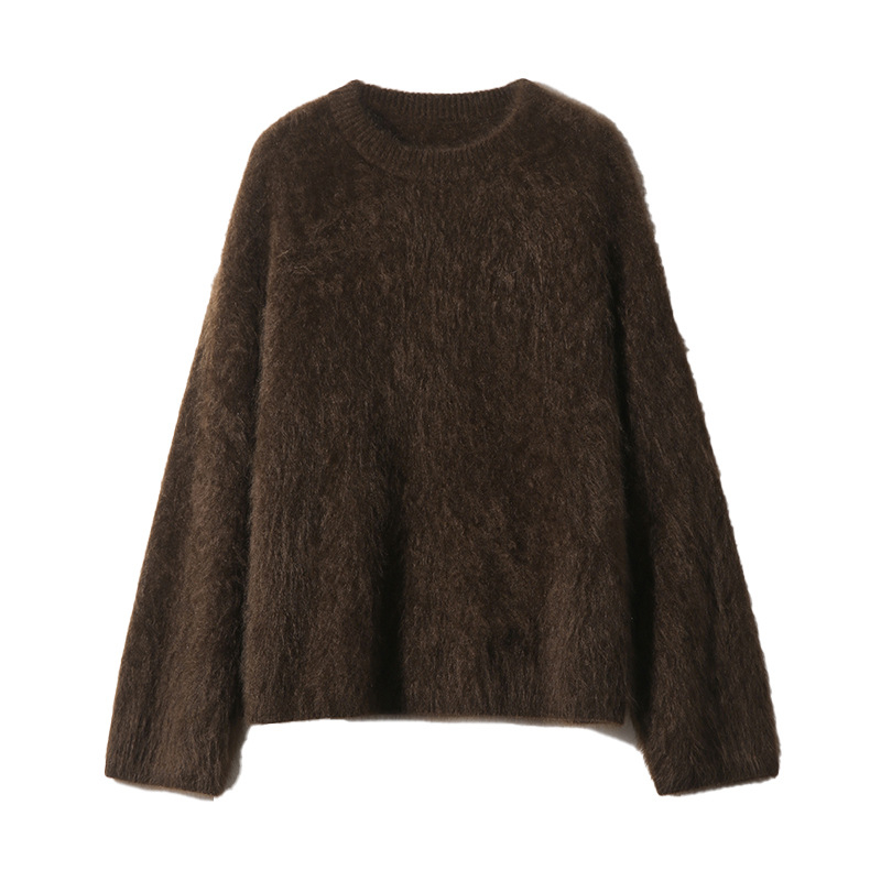 Ženski kašmir džemper s četkanom teksturom, debeli pleteni materijal, okrugli izrez, dugi rukavi, slobodan kroj