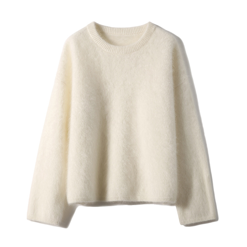 Ženski kašmir džemper s četkanom teksturom, debeli pleteni materijal, okrugli izrez, dugi rukavi, slobodan kroj