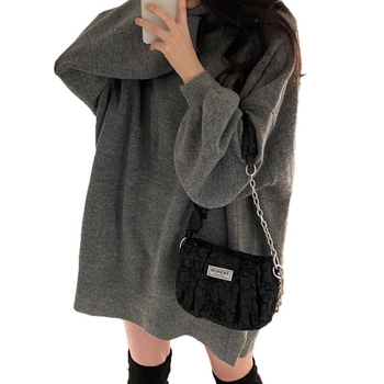 Pletený sveter s vysokým golierom, jednofarebný, hrubý materiál, zmes bavlna-poliester-elastán