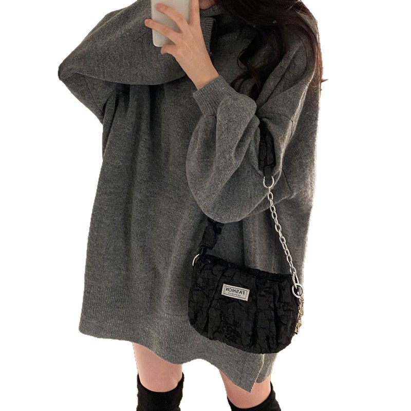 Pletený sveter s vysokým golierom, jednofarebný, hrubý materiál, zmes bavlna-poliester-elastán