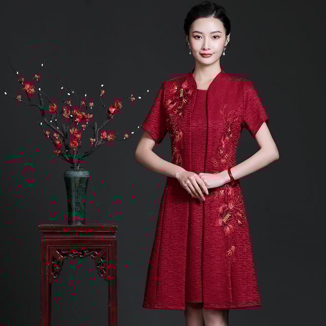 Ruha hamis kétrészes dizájn, A-vonalú midi, V-nyak, rövid ujjú, poliészter