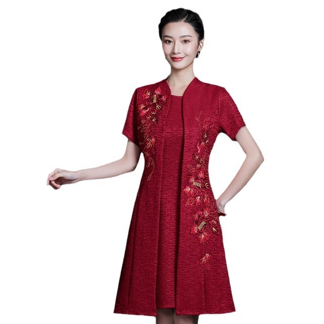 Ruha hamis kétrészes dizájn, A-vonalú midi, V-nyak, rövid ujjú, poliészter