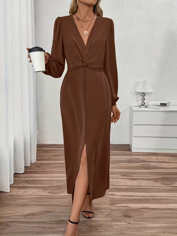 Šaty s V výstrihom a lampášovými rukávmi, vysoký pás, dlhá A-líniová silueta, jednofarebný materiál