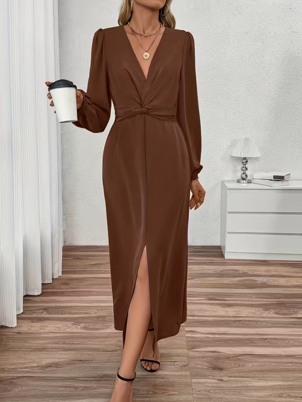 Šaty s V výstrihom a lampášovými rukávmi, vysoký pás, dlhá A-líniová silueta, jednofarebný materiál