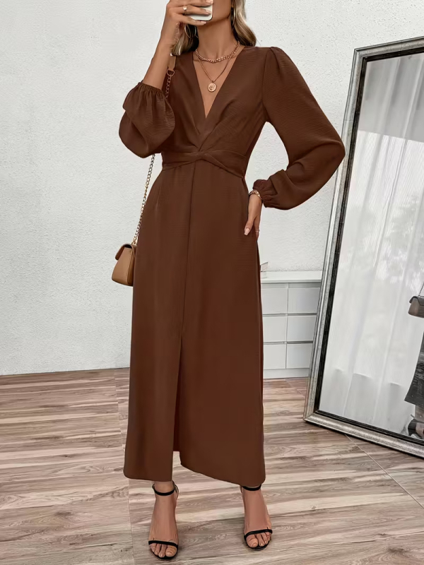 Šaty s V výstrihom a lampášovými rukávmi, vysoký pás, dlhá A-líniová silueta, jednofarebný materiál