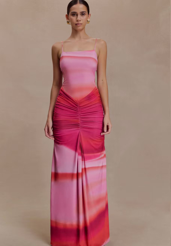 Dámske šaty s ramienkami, sieťovinou s potlačou, plisované, vysoký pás, dlhá sukňa, elastický polyester