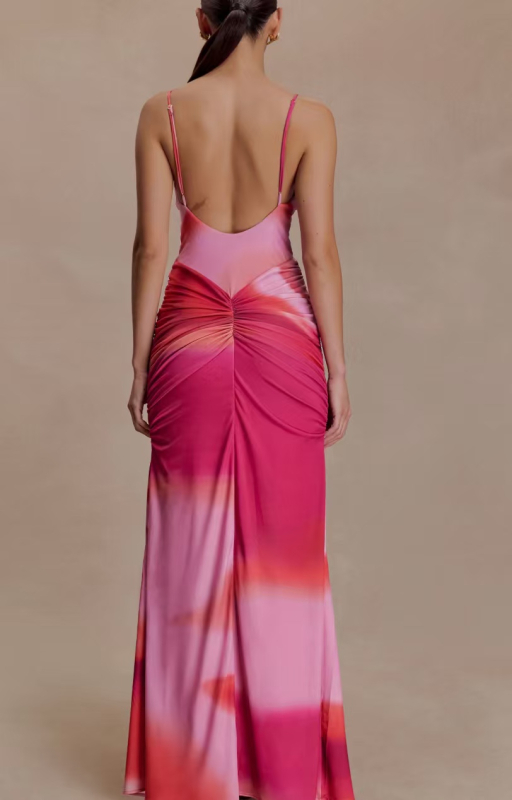 Dámske šaty s ramienkami, sieťovinou s potlačou, plisované, vysoký pás, dlhá sukňa, elastický polyester