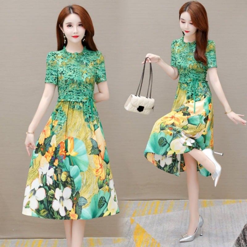 Velúr ruha magas gallérral, fodros ujakkal, hosszú szoknyával, magas derékkal, utcai stílus