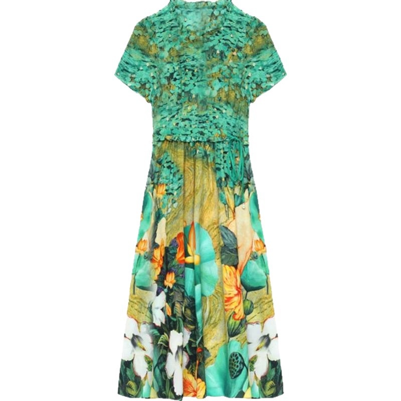 Velúr ruha magas gallérral, fodros ujakkal, hosszú szoknyával, magas derékkal, utcai stílus