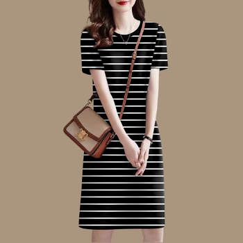 Šaty s pruhmi, okrúhly výstrih, krátke rukávy, stredná dĺžka, polyester