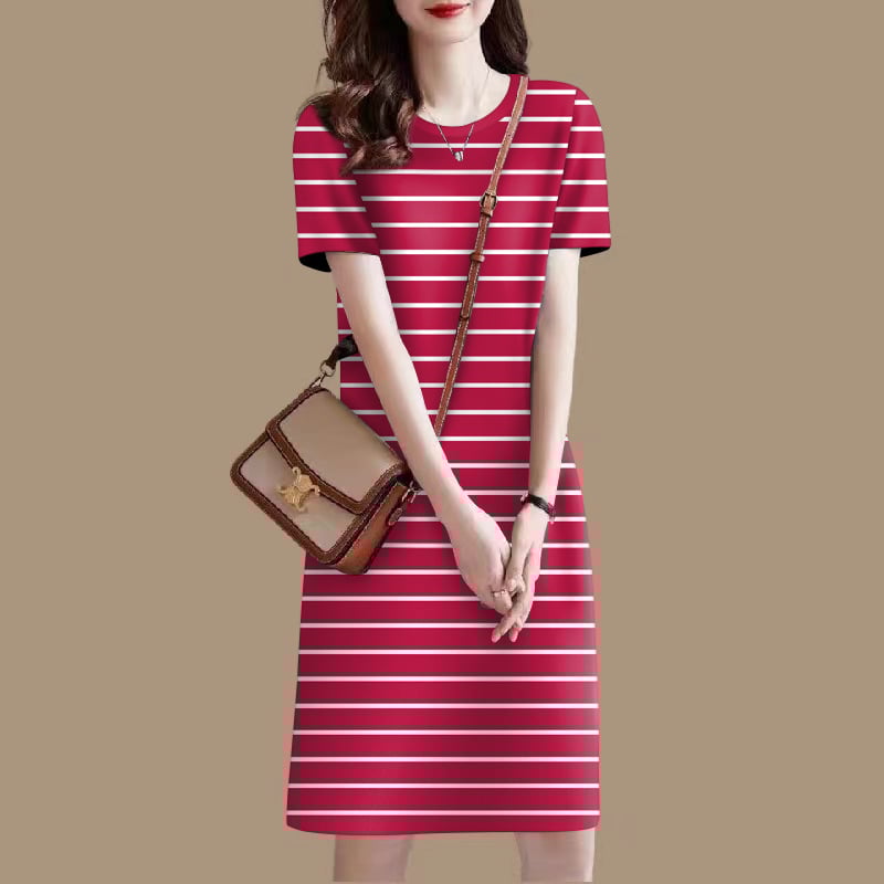 Šaty s pruhmi, okrúhly výstrih, krátke rukávy, stredná dĺžka, polyester