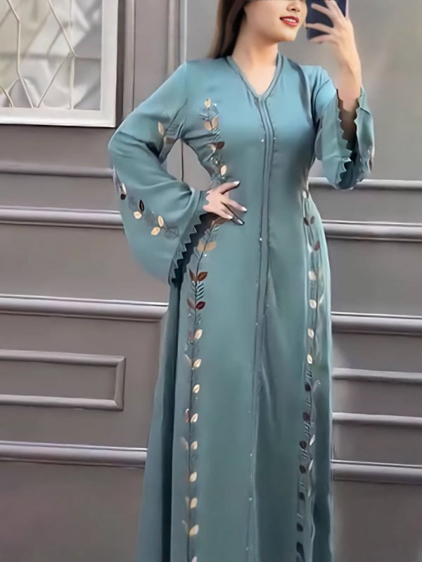 Ženska Abaya haljina, duga A-line, V izrez, Tencel (Lyocell) tkanina, 90–95% sastav, proljeće 2025