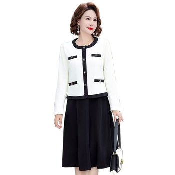 Dve dalių švarko ir suknelės komplektas, viršutinė dalis kardigano stiliumi, spalvų derinimo raštas, poliesterio audinys, žiemai ir rudeniui