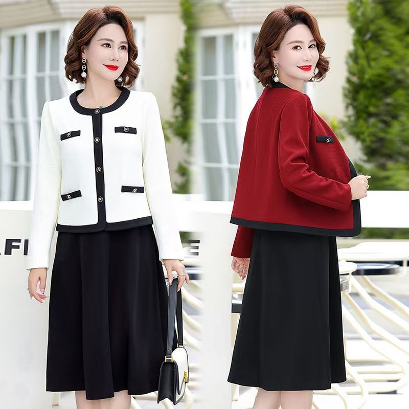 Dve dalių švarko ir suknelės komplektas, viršutinė dalis kardigano stiliumi, spalvų derinimo raštas, poliesterio audinys, žiemai ir rudeniui