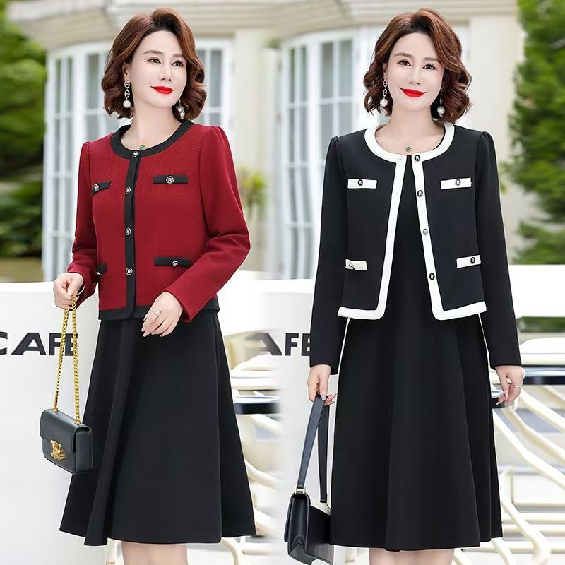 Dve dalių švarko ir suknelės komplektas, viršutinė dalis kardigano stiliumi, spalvų derinimo raštas, poliesterio audinys, žiemai ir rudeniui