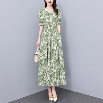 A-vonalú ruha V-nyakú, puffos ujakkal, magas derékkal, midi hosszúságú