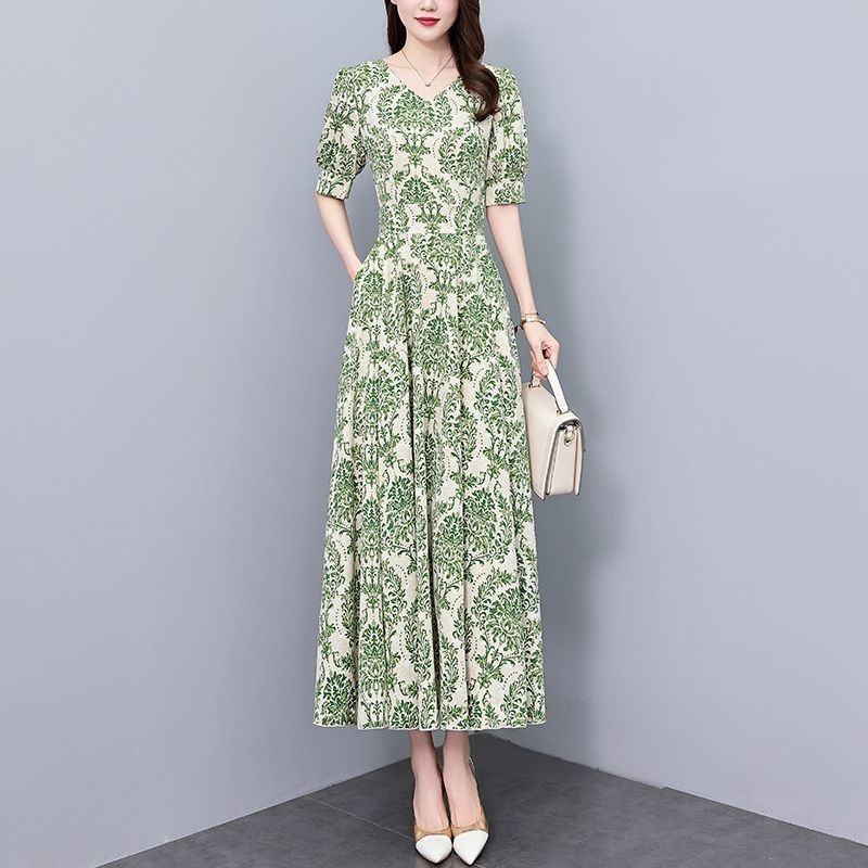 A-vonalú ruha V-nyakú, puffos ujakkal, magas derékkal, midi hosszúságú